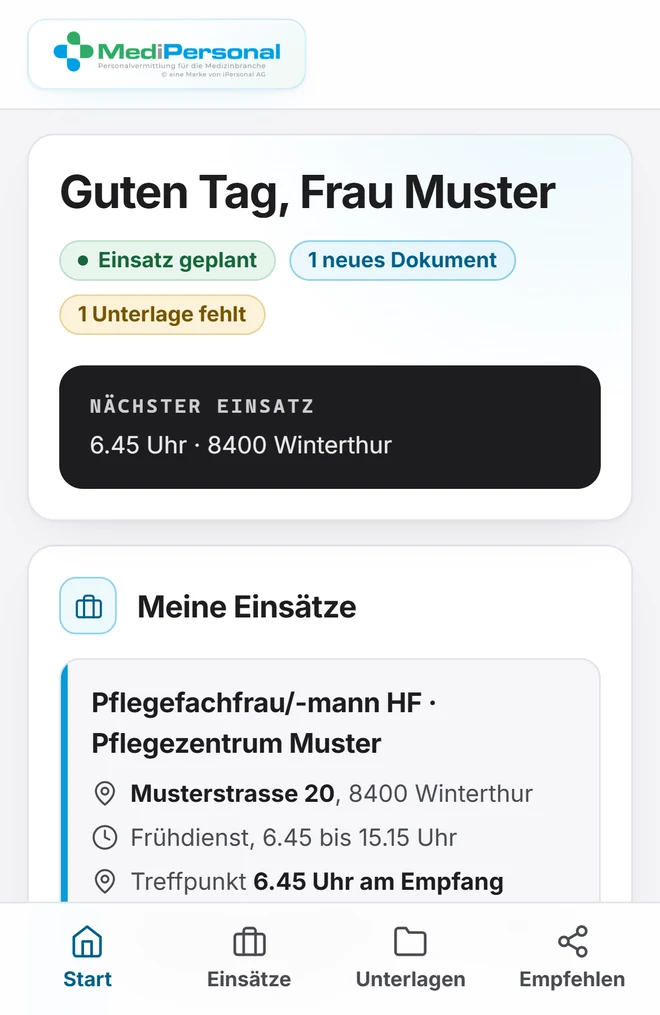 Bildschirmfoto des Mitarbeiter-Portals von MediPersonal mit Testdaten: Begrüssung, nächster Einsatz, Verfügbarkeit melden, Unterlagen und Ansprechperson