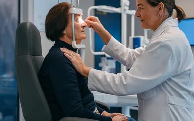 Augenärztin richtet in der Praxis eine Patientin am Untersuchungsgerät aus