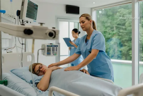 Pflegefachfrau der Intensivstation rückt einer Patientin das Kissen zurecht, im Hintergrund liest eine Kollegin die Kurve