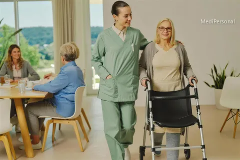 Pflegehelferin begleitet eine Bewohnerin mit Rollator durch den Aufenthaltsraum eines Pflegeheims