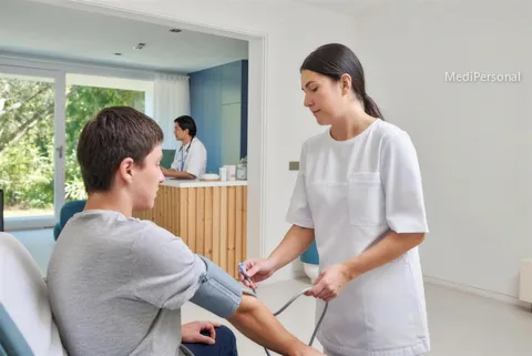 Medizinische Praxisassistentin misst einem Patienten in der Hausarztpraxis den Blutdruck