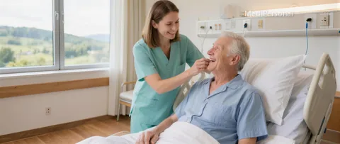 Pflegefachfrau richtet einem älteren Patienten im Spitalbett das Kissen, beide lachen