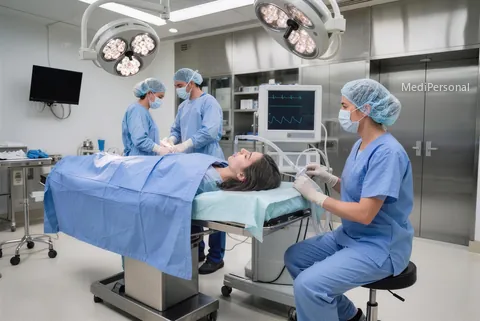 Anästhesistin mit Haube überwacht im OP-Saal eines Zürcher Spitals am Narkosegerät den Patienten, OP-Team im Hintergrund, Bildschirme unscharf