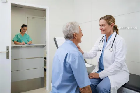 Hausärztin untersucht in einer modernen Gemeinschaftspraxis in Zürich einen älteren Patienten mit dem Stethoskop, MPA am Empfang im Hintergrund