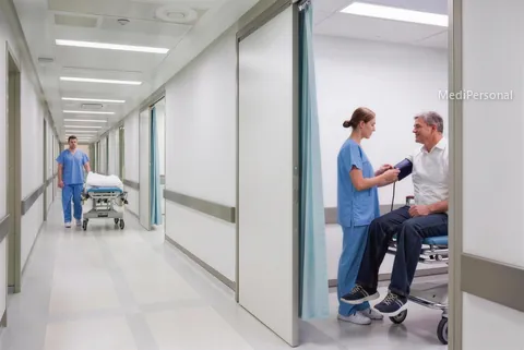 Expertin Notfallpflege nimmt in der hellen Notfallstation eines Spitals in Winterthur einen Patienten in der Koje auf, Kollege schiebt ein Bett vorbei