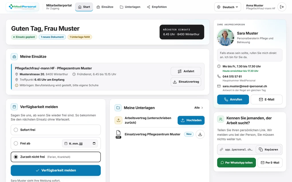 Mitarbeiterportal MediPersonal mit Musterdaten: nächster Einsatz im Pflegezentrum Muster mit Frühdienst und Treffpunkt, Unterlagen und Ihre Beraterin