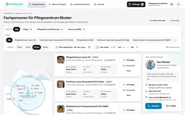 Kundenportal am Computer: verfügbare Fachpersonen rund um Ihre Institution auf Karte und Liste, mit Ihrer Ansprechperson
